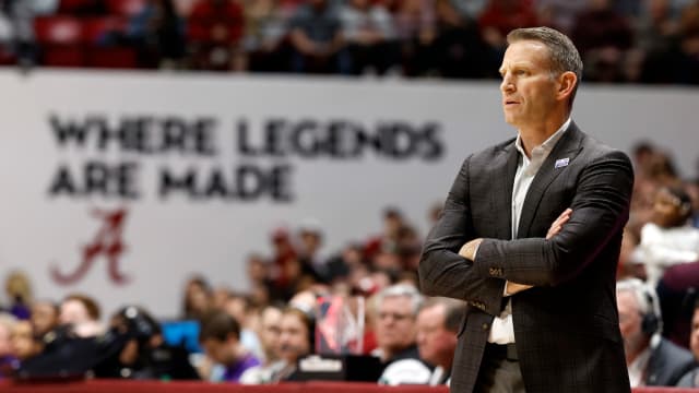 Jan 27, 2024; Tuscaloosa, Alabama, USA; Alabama Crimson Tide head coach Nate Oats watches during the first half against the LSU Tigers at Coleman Coliseum. Mandatory Credit: Butch Dill-USA TODAY Sports  