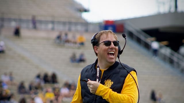 Mar 16, 2024; Columbia, MO, USA; Missouri Tigers coach Eli Drinkwitz smiles at his players on the sidelines during their annual Black & Gold Spring Game at Faurot Field.
