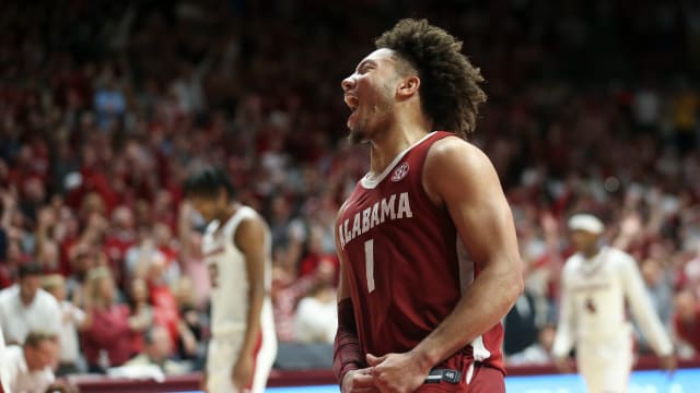 Mar 9, 2024; Tuscaloosa, Alabama, USA; Alabama guard Mark Sears (1) celebrates as Alabama closes out the win over Arkansas at Coleman Coliseum. Alabama came from behind to win on overtime 92-88. Mandatory Credit: Gary Cosby Jr.-USA TODAY Sports  