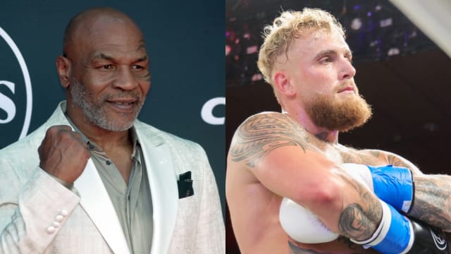 Jul 12, 2023; Los Angeles, CA, USA; Mike Tyson arrives on the red carpet before the 2023 ESPYS at the Dolby Theatre. Mandatory Credit: Kirby Lee-USA TODAY Sports.  Dec 15, 2023; Orlando, Florida, USA; Jake Paul reacts after knocking out Andre August in the first round at Caribe Royale Orlando. Mandatory Credit: Nathan Ray Seebeck-USA TODAY Sports,