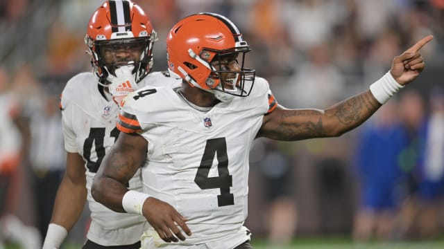 Aug 11, 2023; Cleveland, Ohio, USA; Cleveland Browns quarterback Deshaun Watson (4) celebrates a long gain during the first quarter against the Washington Commanders at Cleveland Browns Stadium. Mandatory Credit: Ken Blaze-USA TODAY Sports