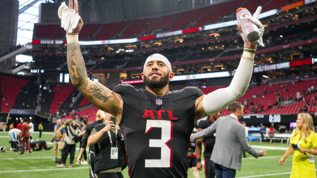 Sep 10, 2023; Atlanta, Georgia, USA; Atlanta Falcons safety Jessie Bates III (3) celebrates after a victory against the Carolina Panthers at Mercedes-Benz Stadium.