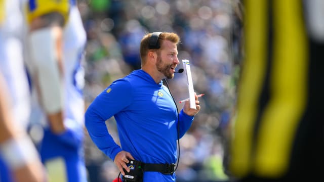 Sep 10, 2023; Seattle, Washington, USA; Los Angeles Rams head coach Sean McVay during the second half against the Seattle Seahawks at Lumen Field. Mandatory Credit: Steven Bisig-USA TODAY Sports