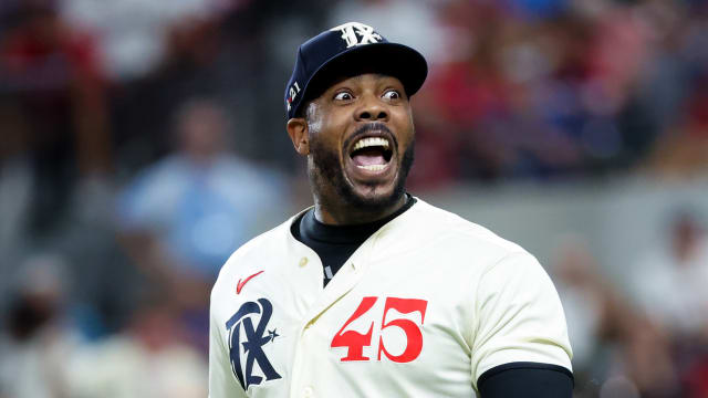 Sep 23, 2023; Arlington, Texas, USA; Texas Rangers relief pitcher Aroldis Chapman (45) reacts at the Seattle Mariners dugout during the ninth inning at Globe Life Field. Mandatory Credit: Kevin Jairaj-USA TODAY Sports