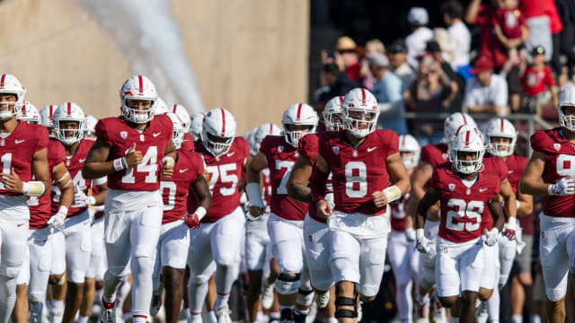 Sep 23, 2023; Stanford, California, USA; Stanford Cardinal quarterback Justin Lamson (8) and the team take the field before the game against the Arizona Wildcats at Stanford Stadium. Mandatory Credit: John Hefti-USA TODAY Sports