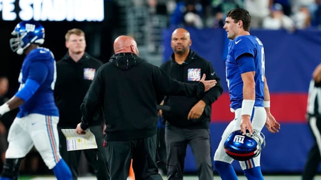 New York Giants head coach Brian Daboll gestures to quarterback Daniel Jones (8) after Jones throws an interception in the second half. The Seahawks defeated the Giants, 24-3, at MetLife Stadium on Monday, Oct. 2, 2023, in East Rutherford.