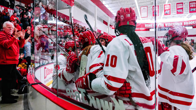 The Wisconsin women's hockey team celebrates a goal during the first period of its game against Ohio State on Saturday February 18, 2023 at LaBahn Arena in Madison, Wis.