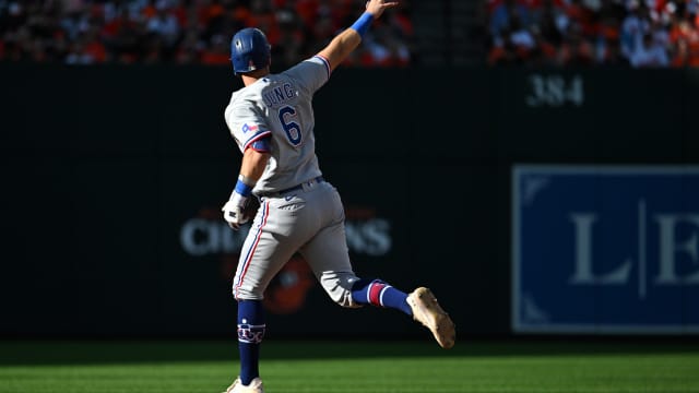 Texas Rangers third baseman Josh Jung rounds the bases after hitting a home run against the Baltimore Orioles during the sixth inning in Game 1 of the ALDS at Oriole Park at Camden Yards.
