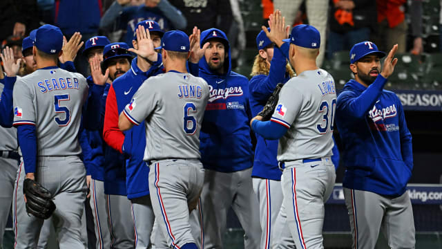 Oct 8, 2023; Baltimore, Maryland, USA; The Texas Rangers celebrate after beating the Baltimore Orioles during game two of the ALDS for the 2023 MLB playoffs at Oriole Park at Camden Yards. Mandatory Credit: Tommy Gilligan-USA TODAY Sports