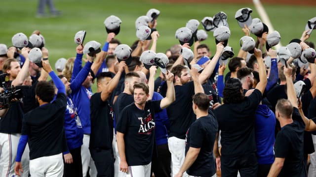 Oct 10, 2023; Arlington, Texas, USA; The Texas Rangers celebrate after defeating the Baltimore Orioles in game three to win the ALDS for the 2023 MLB playoffs at Globe Life Field. Mandatory Credit: Andrew Dieb-USA TODAY Sports