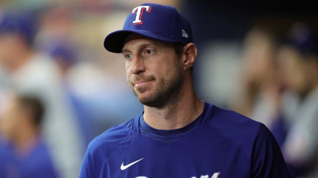 Oct 4, 2023; St. Petersburg, Florida, USA; Texas Rangers starting pitcher Max Scherzer (31) is seen in the dugout during game two of the Wildcard series for the 2023 MLB playoffs against the Tampa Bay Rays at Tropicana Field. Mandatory Credit: Nathan Ray Seebeck-USA TODAY Sports