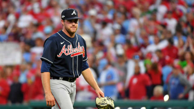 Oct 11, 2023; Philadelphia, Pennsylvania, USA; Atlanta Braves starting pitcher Bryce Elder (55) walks off the field after being pulled from the game during the third inning against the Philadelphia Phillies in game three of the NLDS for the 2023 MLB playoffs at Citizens Bank Park.