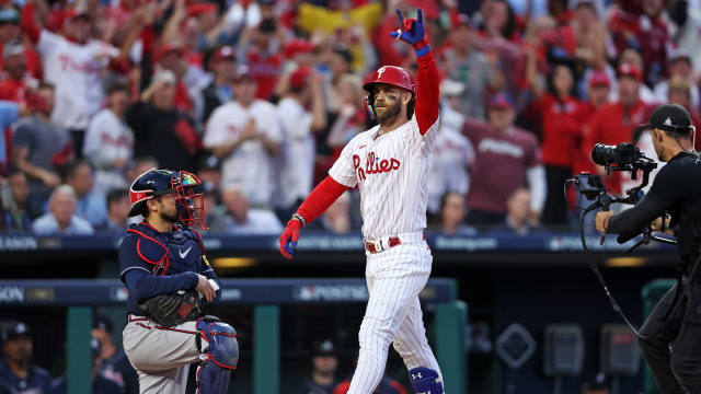 Oct 11, 2023; Philadelphia, Pennsylvania, USA; Philadelphia Phillies first baseman Bryce Harper (3) celebrates after hitting a three run home run during the third inning against the Atlanta Braves in game three of the NLDS for the 2023 MLB playoffs at Citizens Bank Park.