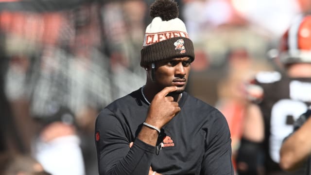 Oct 1, 2023; Cleveland, Ohio, USA; Cleveland Browns quarterback Deshaun Watson (4) watches from the sidelines during the first half against the Baltimore Ravens at Cleveland Browns Stadium.