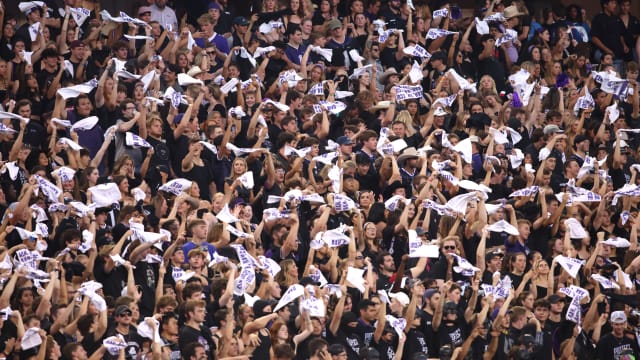 Sep 30, 2023; Fort Worth, Texas, USA; TCU Horned Frogs fans waves towels before the game against the West Virginia Mountaineers at Amon G. Carter Stadium.