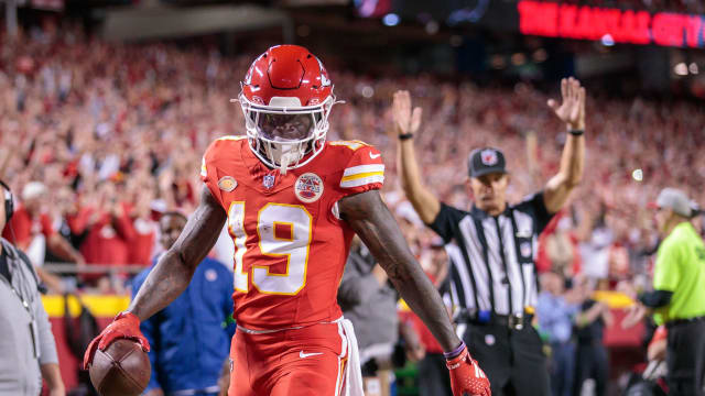 Oct 12, 2023; Kansas City, Missouri, USA; Kansas City Chiefs wide receiver Kadarius Toney (19) celebrates after scoring a touch down during the second quarter against the Denver Broncos at GEHA Field at Arrowhead Stadium. Mandatory Credit: William Purnell-USA TODAY Sports  