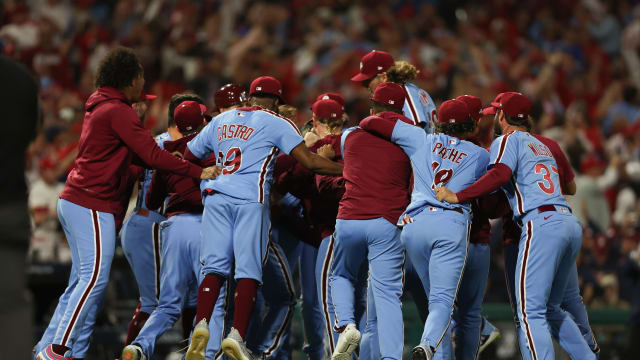 Oct 12, 2023; Philadelphia, Pennsylvania, USA; Philadelphia Phillies celebrate the series victory against the Atlanta Braves in game four of the NLDS for the 2023 MLB playoffs at Citizens Bank Park.