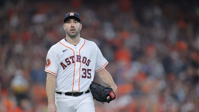 Oct 7, 2023; Houston, Texas, USA; Houston Astros starting pitcher Justin Verlander (35) walks to dugout in the fourth inning against the Minnesota Twins during game one of the ALDS for the 2023 MLB playoffs at Minute Maid Park. Mandatory Credit: Erik Williams-USA TODAY Sports