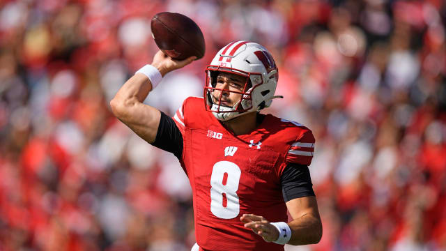 Oct 7, 2023; Madison, Wisconsin, USA; Wisconsin Badgers quarterback Tanner Mordecai (8) during the game against the Rutgers Scarlet Knights at Camp Randall Stadium. Mandatory Credit: Jeff Hanisch-USA TODAY Sports