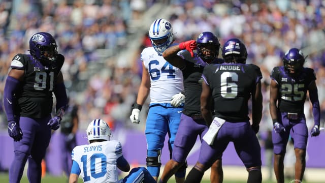 TCU's defense celebrates during the game with BYU