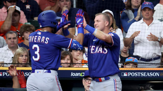 Oct 15, 2023; Houston, Texas, USA; Texas Rangers center fielder Leody Taveras (3) celebrates with Texas Rangers third baseman Josh Jung (6) after hitting a home run during the fifth inning of game one of the ALCS against the Houston Astros in the 2023 MLB playoffs at Minute Maid Park. Mandatory Credit: Troy Taormina-USA TODAY Sports