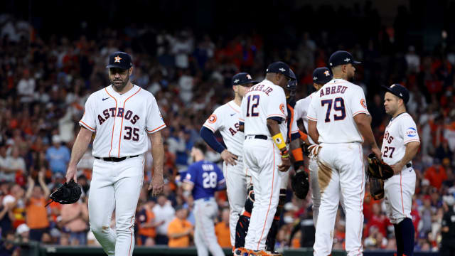 Oct 15, 2023; Houston, Texas, USA; Houston Astros pitcher Justin Verlander (35) is taken out of the game by manager Dusty Baker during the sixth inning of game one of the ALCS against the Texas Rangers in the 2023 MLB playoffs at Minute Maid Park. Mandatory Credit: Troy Taormina-USA TODAY Sports