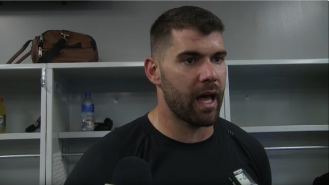 Oct. 15, 2023 - New York Giants offensive lineman Justin Pugh speaks to reporters following the team's 14-9 loss to the Buffalo Bills.