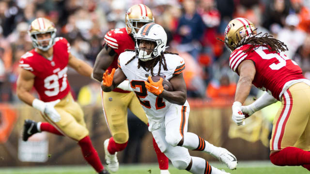 Oct 15, 2023; Cleveland, Ohio, USA; Cleveland Browns running back Kareem Hunt (27) runs the ball against the San Francisco 49ers during the third quarter at Cleveland Browns Stadium.