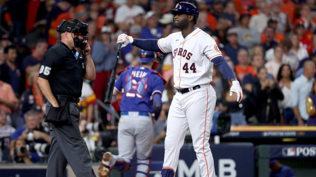 Houston Astros designated hitter Yordan Alvarez reacts after one of three strikeouts during Game 1 of the ALCS against the Texas Rangers Sunday at Minute Maid Park.
