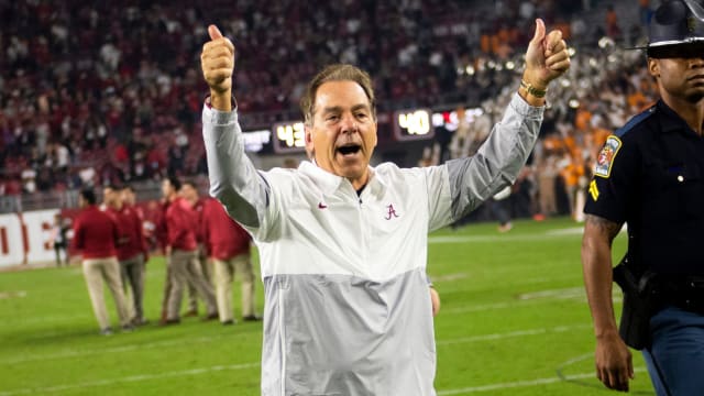 Alabama head coach Nick Saban gives a thumbs up to the Alabama student section following a football game between the Tennessee Volunteers and the Alabama Crimson Tide at Bryant-Denny Stadium in Tuscaloosa, Ala., on Saturday, Oct. 23, 2021.