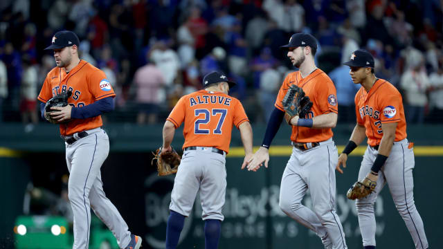 Oct 18, 2023; Arlington, Texas, USA; Houston Astros second baseman Jose Altuve (27) celebrates with right fielder Kyle Tucker (30) after winning game three of the ALCS against the Texas Rangers in the 2023 MLB playoffs at Globe Life Field. Mandatory Credit: Kevin Jairaj-USA TODAY Sports