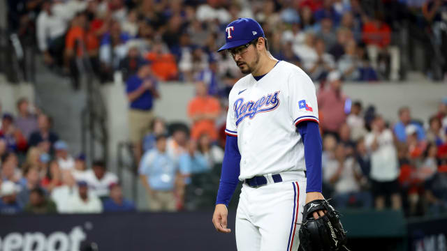 Oct 19, 2023; Arlington, Texas, USA; Texas Rangers pitcher Dane Dunning (33) leaves the game during the fourth inning in game four of the ALCS against the Houston Astrosfor the 2023 MLB playoffs at Globe Life Field. Mandatory Credit: Kevin Jairaj-USA TODAY Sports
