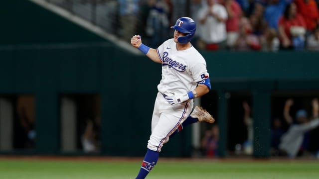 Oct 18, 2023; Arlington, Texas, USA; Texas Rangers third baseman Josh Jung (6) celebrates after hitting a two-run home run during the seventh inning of game three of the ALCS against the Houston Astros in the 2023 MLB playoffs at Globe Life Field. Mandatory Credit: Andrew Dieb-USA TODAY Sports
