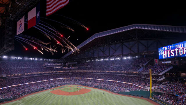 A view of the field and the ballpark and the fireworks after Texas Rangers shortstop Corey Seager hit ga ame-tying solo home run against the Houston Astros in the third inning during Game 4 of the ALCS at Globe Life Field Thursday night.