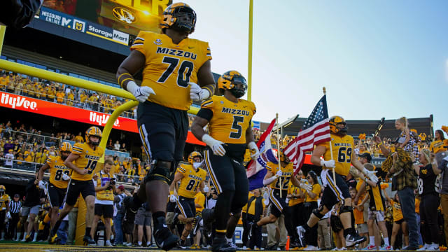 The Missouri Tigers take the field prior to a game against the South Carolina Gamecocks at Faurot Field at Memorial Stadium.