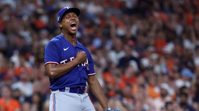 Oct 22, 2023; Houston, Texas, USA; Texas Rangers relief pitcher Jose Leclerc (25) reacts after an out against the Houston Astros in the eighth inning during game six of the ALCS for the 2023 MLB playoffs at Minute Maid Park. Mandatory Credit: Troy Taormina-USA TODAY Sports