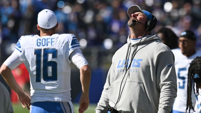 Detroit Lions coach Dan Campbell reacts to Baltimore Ravens dominating performance
