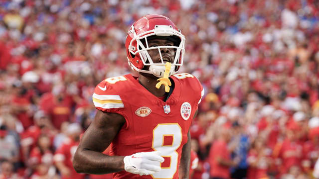 Sep 7, 2023; Kansas City, Missouri, USA; Kansas City Chiefs wide receiver Justyn Ross (8) runs onto the field against the Detroit Lions prior to a game at GEHA Field at Arrowhead Stadium. Mandatory Credit: Denny Medley-USA TODAY Sports  