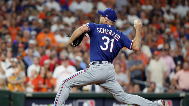 Oct 23, 2023; Houston, Texas, USA; Texas Rangers pitcher Max Scherzer (31) throws during the first inning of game seven in the ALCS against the Houston Astros for the 2023 MLB playoffs at Minute Maid Park. Mandatory Credit: Erik Williams-USA TODAY Sports