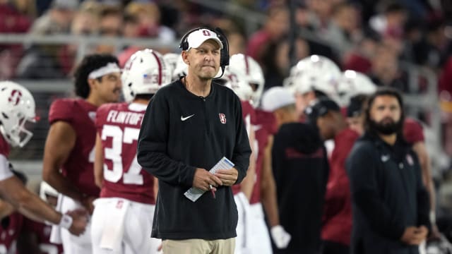 Oct 21, 2023; Stanford, California, USA; Stanford Cardinal head coach Troy Taylor stands on the sideline during the second quarter against the UCLA Bruins at Stanford Stadium. Mandatory Credit: Darren Yamashita-USA TODAY Sport