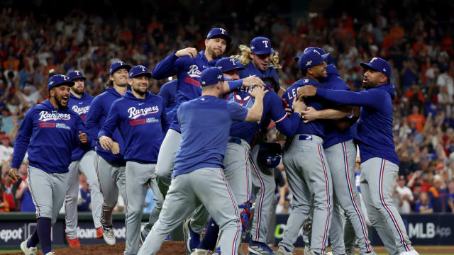 Texas Rangers players celebrate after winning Game 7 in the ALCS over the Houston Astros 11-4 Monday night at Minute Maid Park.