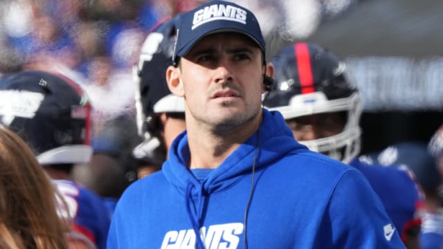 East Rutherford, NJ October 22, 2023 -- Daniel Jones of the Giants on the sidelines in the second half. The NY Giants host the Washington Commanders at MetLife Stadium in East Rutherford, NJ on October 22, 2023.