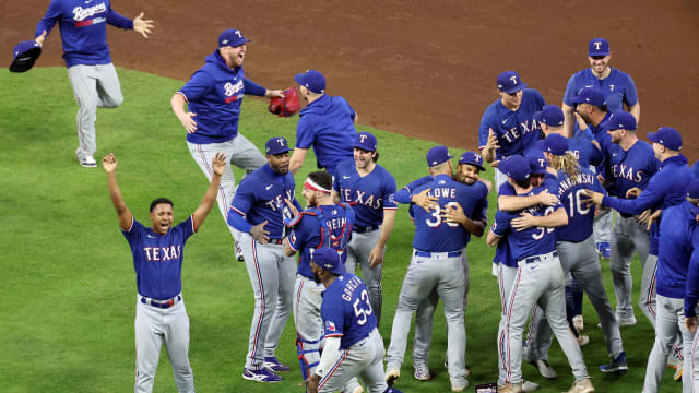 Oct 23, 2023; Houston, Texas, USA; Texas Rangers players celebrate after winning game seven in the ALCS against the Houston Astros for the 2023 MLB playoffs at Minute Maid Park. Mandatory Credit: Troy Taormina-USA TODAY Sports