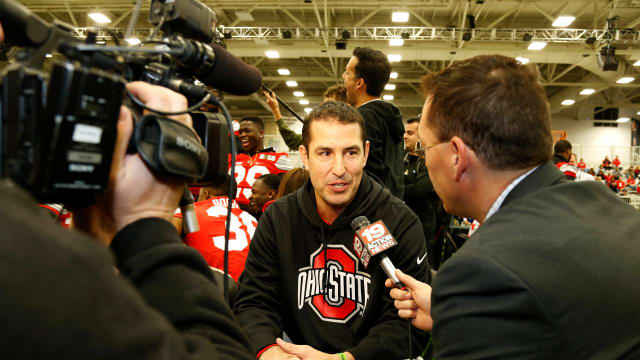 Jan 10, 2015; Arlington, TX, USA; Ohio State Buckeyes defensive coordinator Luke Fickell is interviewed during Media day at Dallas Convention Center. Mandatory Credit: Matthew Emmons-USA TODAY Sports