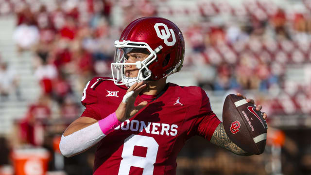 Oct 21, 2023; Norman, Oklahoma, USA; Oklahoma Sooners quarterback Dillon Gabriel (8) warms up before the game against the UCF Knights at Gaylord Family-Oklahoma Memorial Stadium. 