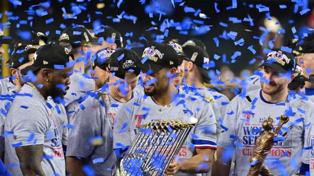 Texas Rangers second baseman Marcus Semien celebrates defeating the Arizona Diamondbacks to win the World Series in game five of the 2023 World Series at Chase Field.