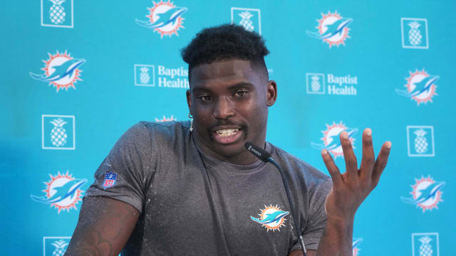 Nov 2, 2023; Frankfurt, Germany; Miami Dolphins wide receiver Tyreek Hill at press conference at the PSD Bank Arena. Mandatory Credit: Kirby Lee-USA TODAY Sports  
