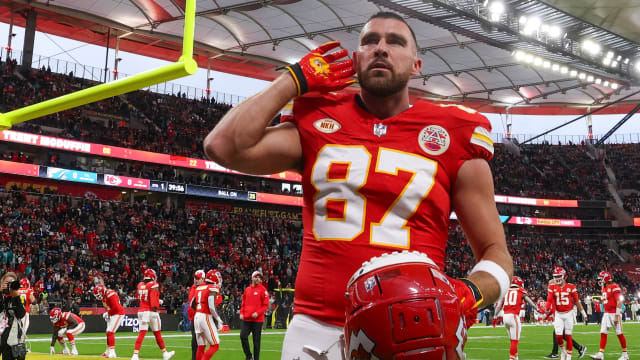 Nov 5, 2023; Frankfurt, Germany, ; Kansas City Chiefs tight end Travis Kelce (87) reacts to fans before an NFL International Series game against the Miami Dolphins at Deutsche Bank Park. Mandatory Credit: Nathan Ray Seebeck-USA TODAY Sports  