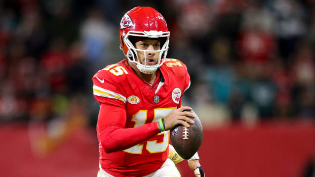 Nov 5, 2023; Frankfurt, Germany, ; Kansas City Chiefs quarterback Patrick Mahomes (15) runs with the ball against the Miami Dolphins in the second quarter during an NFL International Series game at Deutsche Bank Park. Mandatory Credit: Nathan Ray Seebeck-USA TODAY Sports  
