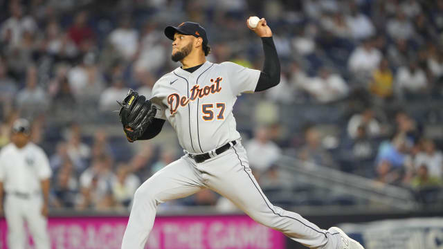 Detroit Tigers left-handed pitcher Eduardo Rodriguez (57) pitches against the New York Yankees at Yankee Stadium II.
